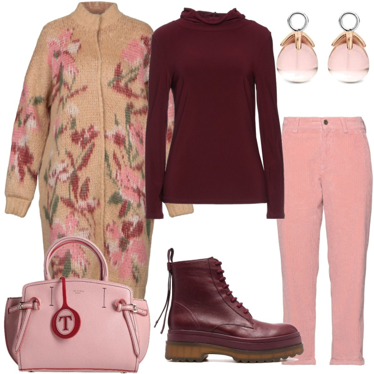 Outfit donna - Tempo libero. Stile Casual per Tutti i giorni. Abbinamento con pantaloni, cappotti, t-shirt, borse a mano, stivaletti, orecchini.