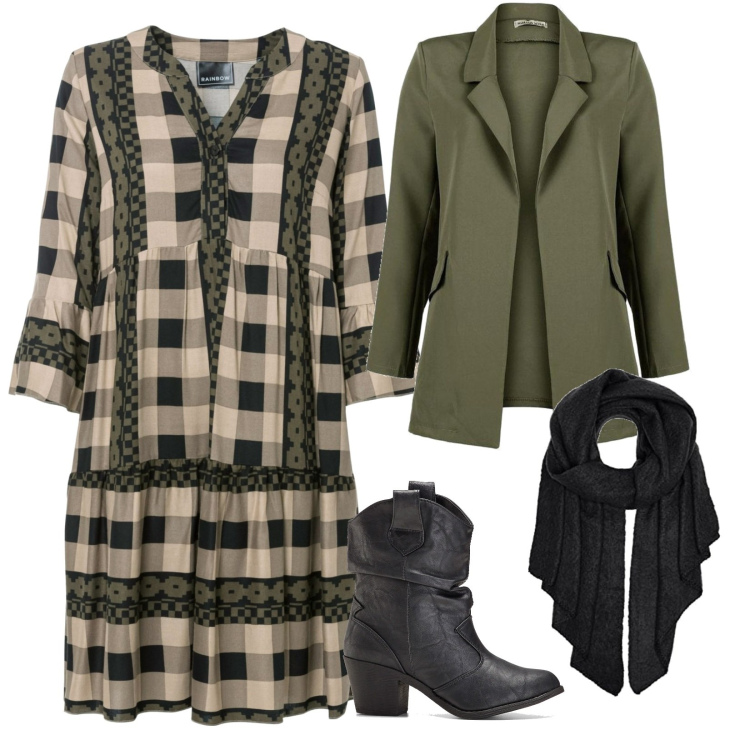 Outfit donna - Armonie di forme. Stile Casual per Ufficio. look ideale per Tall. Abbinamento con stivaletti texani, vestiti, blazer, sciarpe.