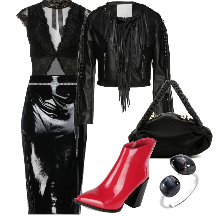 Outfit donna - Serata rock. Stile Sexy per Serata fuori. Abbinamento con body, giacche, gonne longuette, stivaletti, borse tote, anelli.