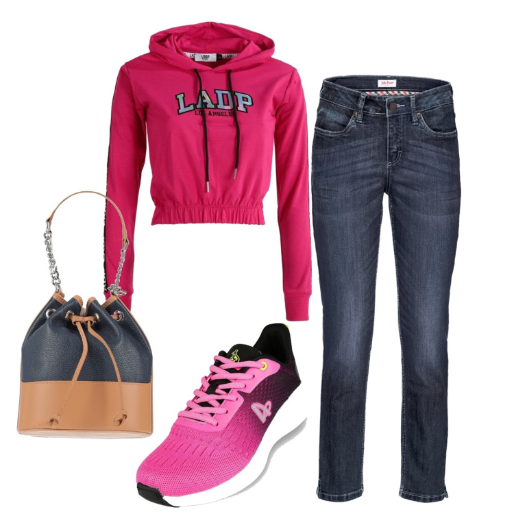 Outfit donna - A scuola. Stile Casual per Scuola/Università. Abbinamento con jeans, borse a mano, felpe con cappuccio, sneakers.
