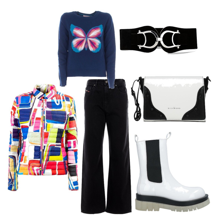 Outfit donna - Lunedì….ma colorato. Stile Trendy per Scuola/Università. Abbinamento con cinture, stivaletti, borse a spalla, piumini, jeans, maglieria.