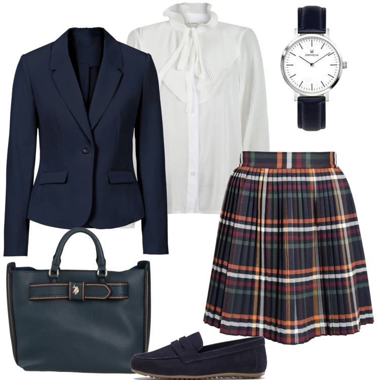 Outfit donna - Collegiale. Stile Bon Ton per Scuola/Università. Abbinamento con blazer, mocassini, borse a mano, minigonne, camicie, orologi analogici.