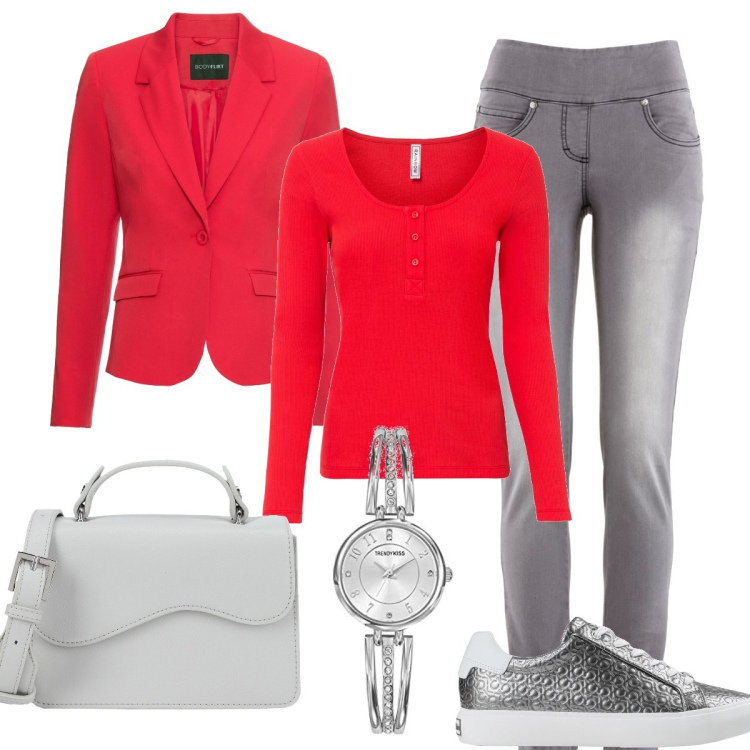Outfit donna - Rosso e grigio. Stile Glamour per Ufficio. Abbinamento con jeans slim fit, blazer, maglieria, sneakers, borse a mano, orologi analogici.