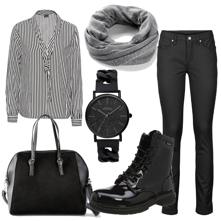 Outfit donna - Semplice in ufficio. Stile Casual per Ufficio. Abbinamento con jeans skinny, bluse, borse a mano, foulard, sneakers, orologi.