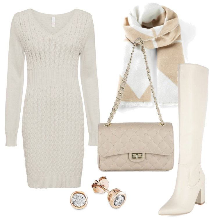 Outfit donna - Bianco panna. Stile Basic per Tutti i giorni. Abbinamento con vestiti, sciarpe, stivali, borse a tracolla, orecchini.