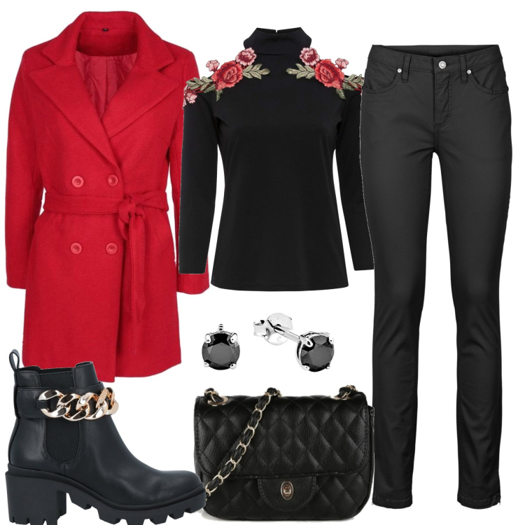 Outfit donna - Capospalla rosso. Stile Glamour per Serata fuori. Abbinamento con jeans skinny, maglieria, stivaletti, cappotti, borse a mano, orecchini.