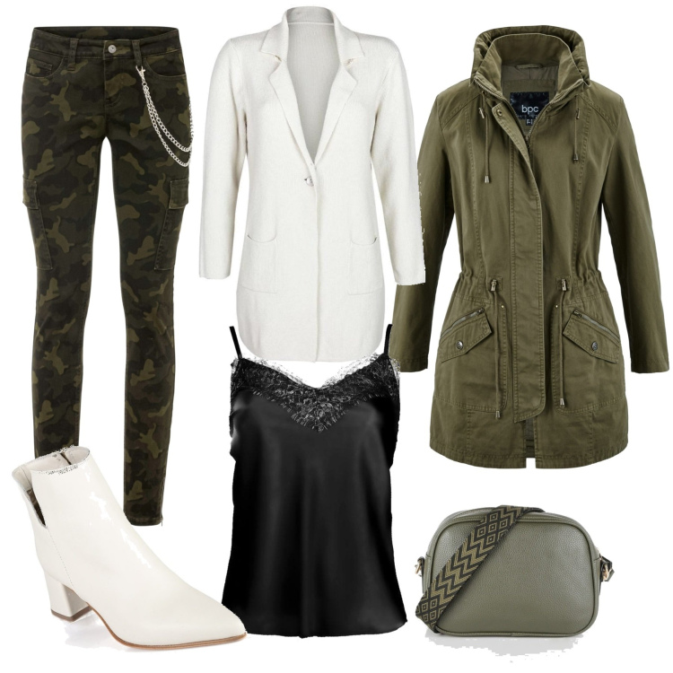 Outfit donna - Mix militare. Stile Military per Tutti i giorni. Abbinamento con parka, pantaloni cargo, cardigans, borse a mano, stivaletti, top.