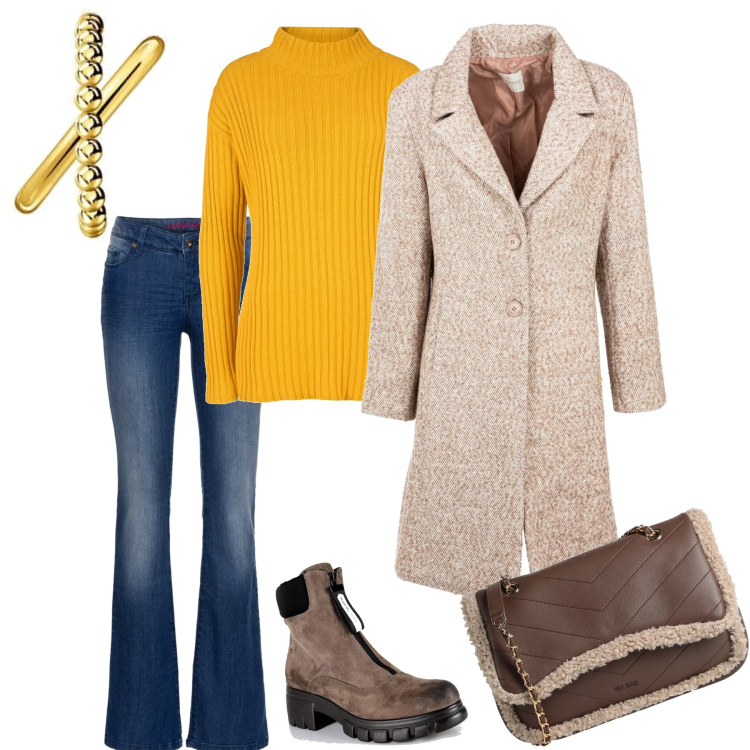 Outfit donna - Semplicemente Trendy. Stile Trendy per Tutti i giorni. Abbinamento con jeans bootcut, maglieria, borse a tracolla, anfibi, cappotti, orecchini.