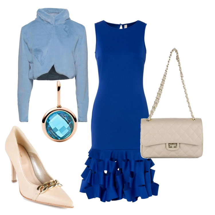 Outfit donna - Cerimonia in blu elettrico. Stile Chic per Cerimonia. Abbinamento con cappotti, vestiti lunghi, décolleté, borse a tracolla, ciondoli.