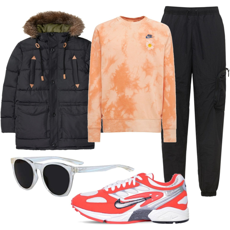 Outfit uomo - Comodo con Nike. Stile Urban per Tutti i giorni. Abbinamento con giacche, sneakers, felpe, pantaloni cargo, occhiali da sole.