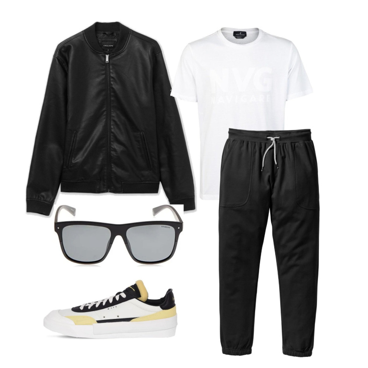 Outfit uomo - Pomeriggio libero. Stile Casual per Tutti i giorni. Abbinamento con pantaloni sportivi, t-shirt, bomber, occhiali da sole, sneakers.