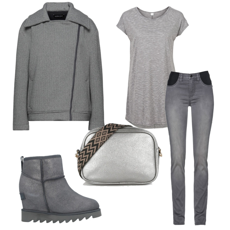Outfit donna - A lezione. Stile Casual per Scuola/Università. Abbinamento con stivaletti, giacche, maglieria, jeans, borse a mano.