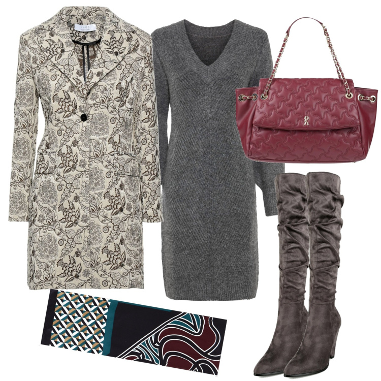 Outfit donna - Il vestito in maglia. Stile Urban per Ufficio. Abbinamento con vestiti, cappotti, borse a mano, stivali, foulard.