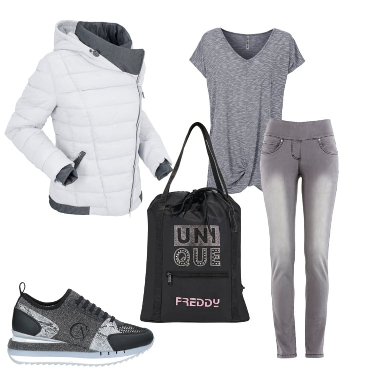 Outfit donna - Sporty grey. Stile Minimal per Sport. Abbinamento con jeans slim fit, maglieria, cappotti, sneakers, zaini.