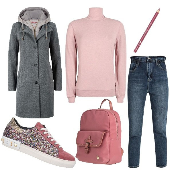 Outfit donna - All\'univerisità. Stile Urban per Scuola/Università. Abbinamento con cappotti, sneakers, zaini, jeans boyfriend, maglieria, matite labbra.