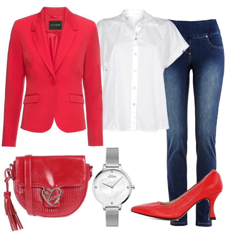 Outfit donna - Rosso in ufficio. Stile Casual chic per Ufficio. Abbinamento con jeans, blazer, borse a tracolla, camicie a manica corta, décolleté, orologi analogici.