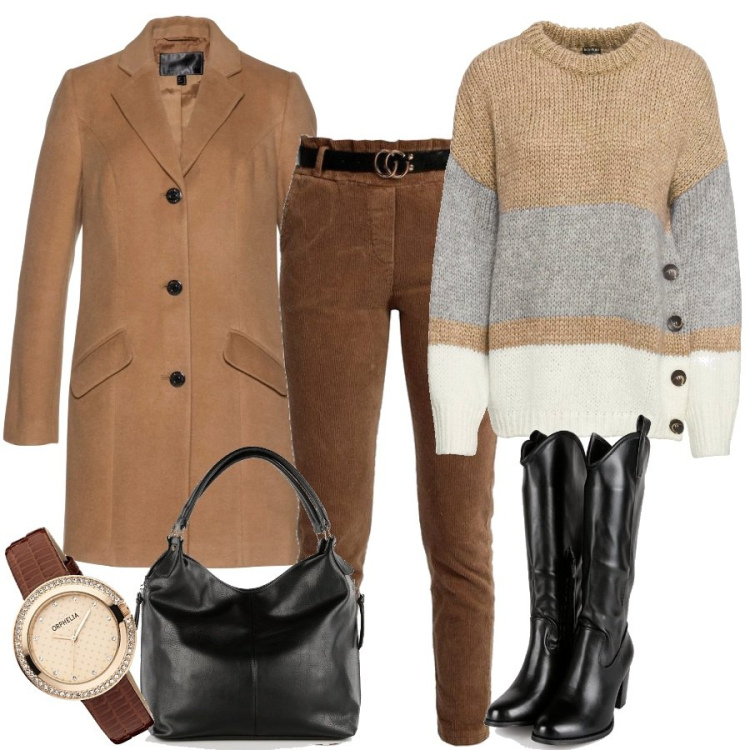 Outfit donna - Total look #1433069. Stile Casual per Tutti i giorni. Abbinamento con maglieria, cappotti, pantaloni, stivali, borse a spalla, orologi analogici.