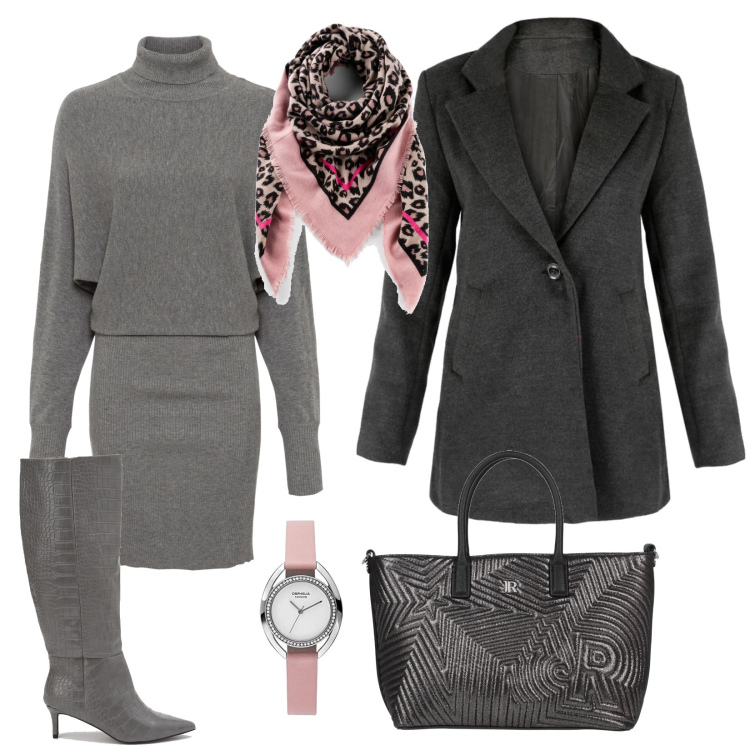 Outfit donna - Total comfort per l\'ufficio. Stile Chic per Ufficio. Abbinamento con vestiti, foulard, borse a mano, cappotti, stivali, orologi analogici.