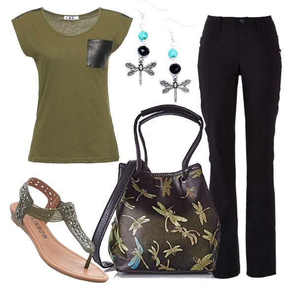 Outfit donna - Libellule. Stile Basic per Tutti i giorni. Abbinamento con pantaloni, sandali, borsa a spalla verde, t-shirt con zip in cotone, orecchini in placcato argento.