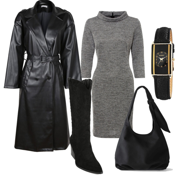 Outfit donna - Anni 50. Stile Vintage retrò per Tutti i giorni. Abbinamento con vestiti, borse a tracolla, stivaletti texani, trench, orologi analogici.