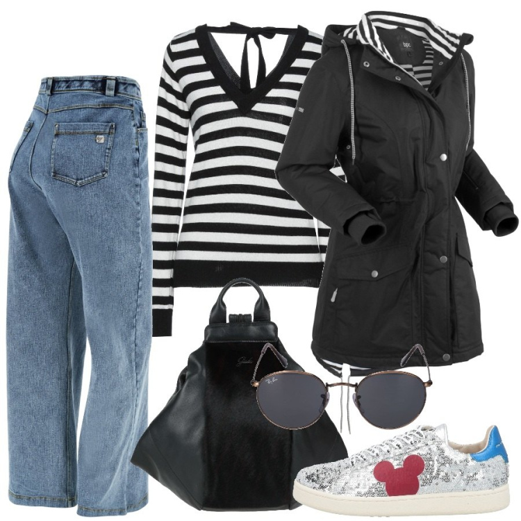Outfit donna - Total look #1433214. Stile Basic per Scuola/Università. Abbinamento con blazer, zaini, pullovers, sneakers, jeans, occhiali da sole.
