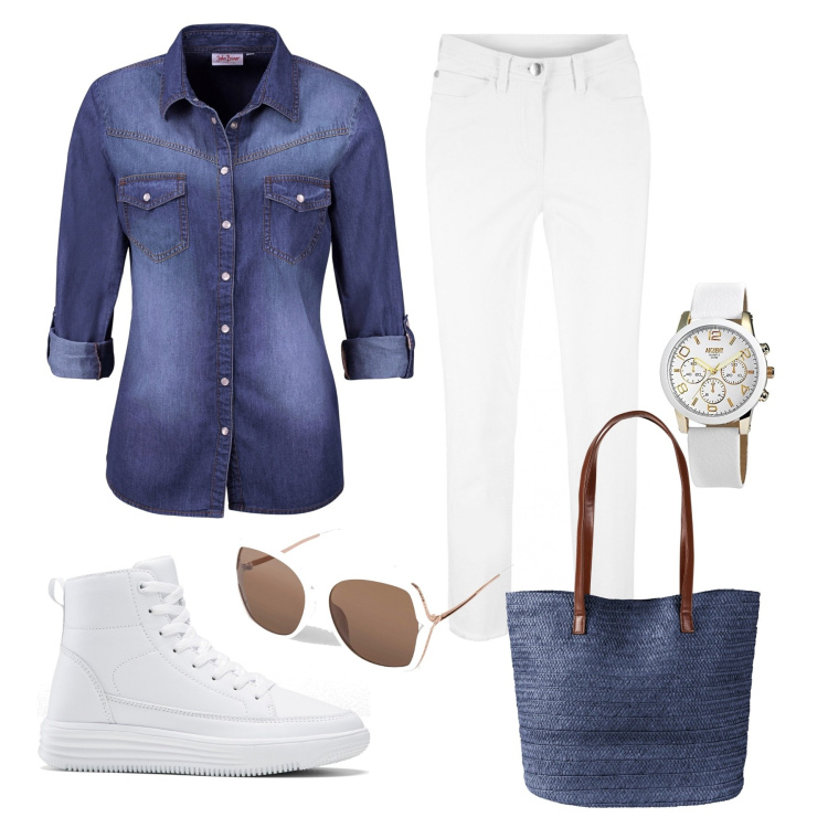 Outfit donna - Ottobre soleggiato. Stile Casual chic per Tutti i giorni. Abbinamento con camicie, shopping bag, pantaloni capri, sneakers alte, occhiali da sole, orologi analogici.