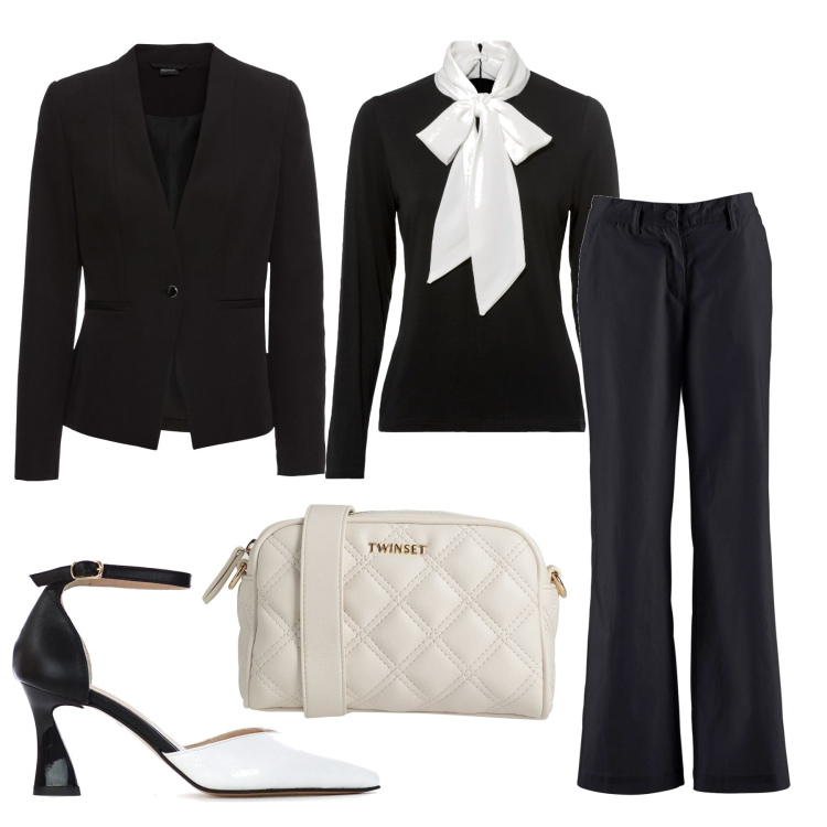 Outfit donna - La maglia col fiocco bianco. Stile Casual chic per Ufficio. Abbinamento con borse a tracolla, pantaloni, blazer, maglieria, décolleté.