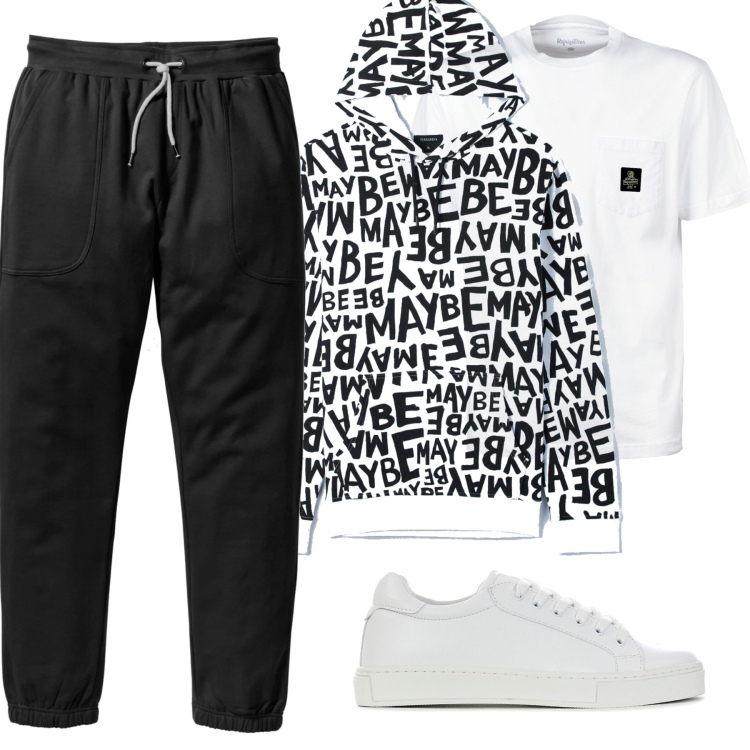 Outfit uomo - Sportivo dinamico. Stile Trendy per Tutti i giorni. Abbinamento con pantaloni sportivi, felpe con cappuccio, sneakers, t-shirt.