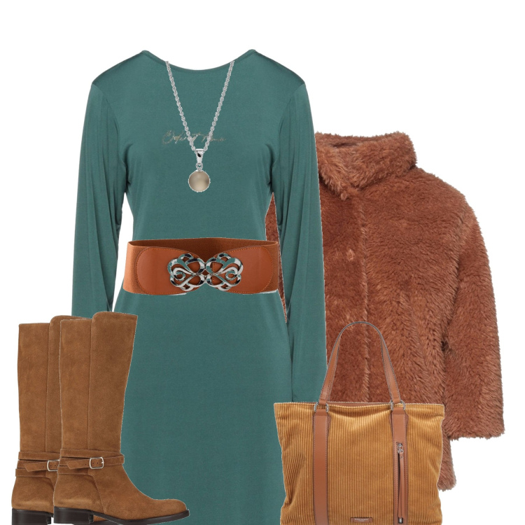 Outfit donna - In città. Stile Casual chic per Tutti i giorni. Abbinamento con cinture, vestiti corti, stivali, cappotti, borse a mano, ciondoli.