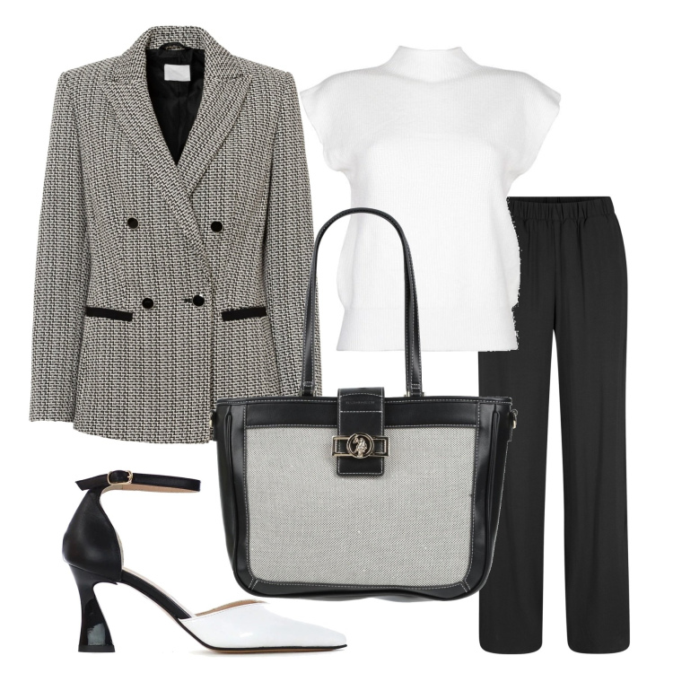 Outfit donna - Una giacca comoda. Stile Basic per Ufficio. Abbinamento con pantaloni, blazer, borse a mano, maglieria, décolleté.