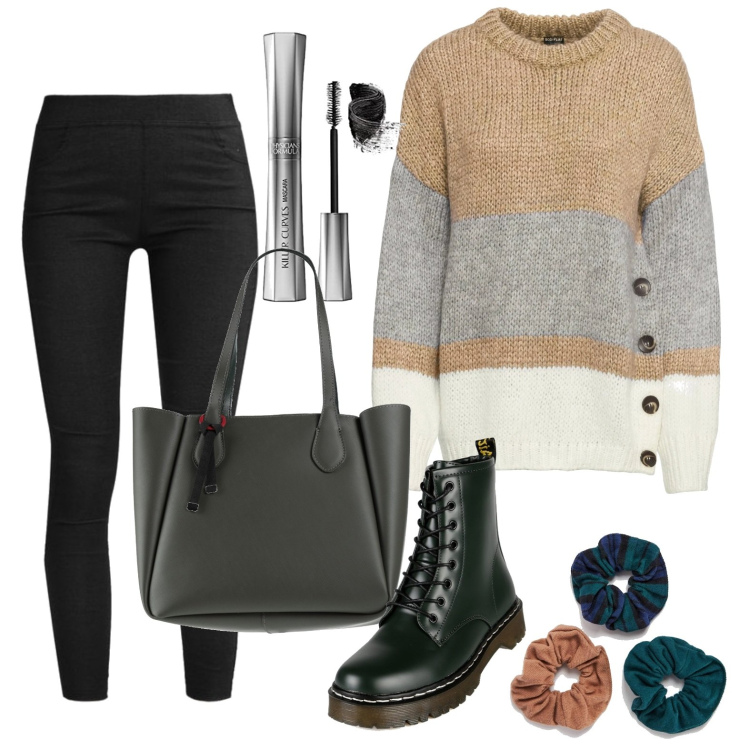 Outfit donna - Maglione oversize e jeggins. Stile Basic per Tutti i giorni. Abbinamento con maglieria, borse a mano, accessori per capelli, anfibi, jeggings, mascara.