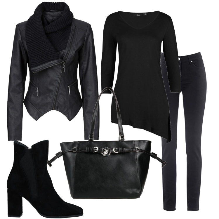 Outfit donna - Lady noir. Stile Minimal per Tutti i giorni. Abbinamento con maglieria, blazer, jeans slim fit, stivaletti, borse a mano.
