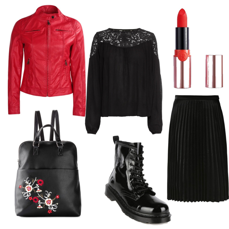 Outfit donna - Rosso e nero di sera. Stile Rock per Serata fuori. Abbinamento con tuniche, zaini, gonne lunghe, giacche, anfibi, rossetti.