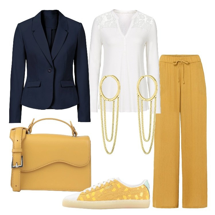 Outfit donna - Giallo oro - Focus Donna. Stile Basic per Tutti i giorni. Abbinamento con pantaloni, blazer, maglieria, sneakers, borse a mano, orecchini.