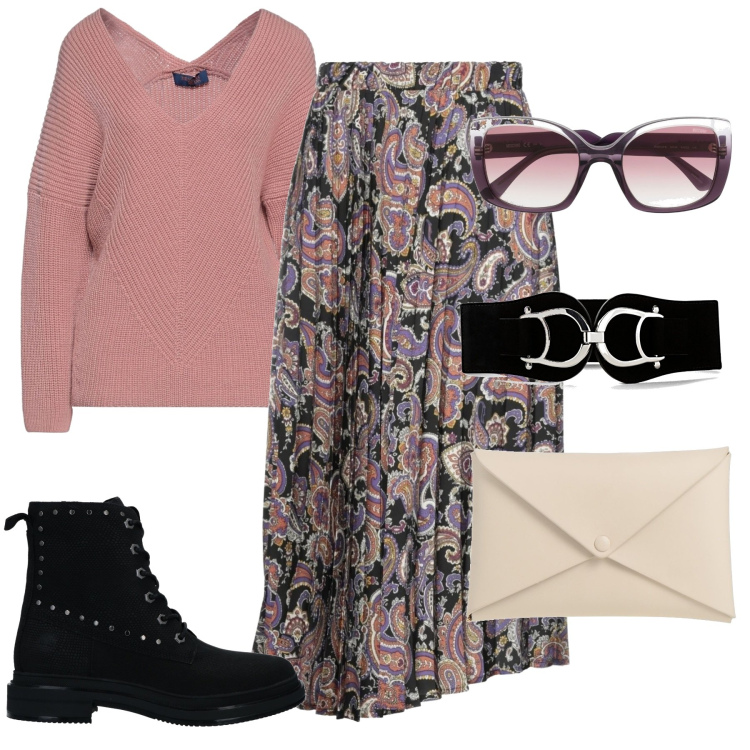 Outfit donna - Manca il vino. Stile Boho per Tutti i giorni. Abbinamento con cinture, gonne longuette, pullovers, stivaletti, borse a mano, occhiali da sole.