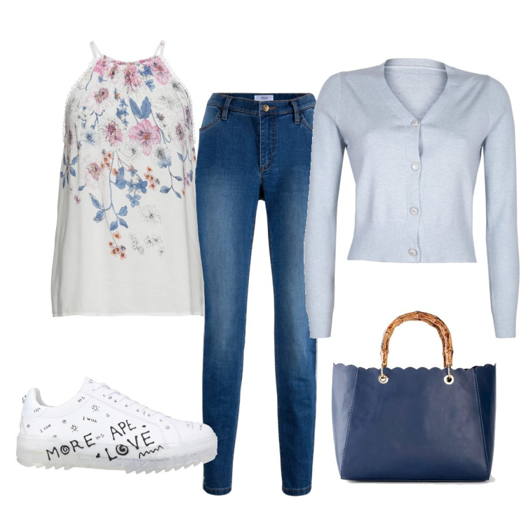 Outfit donna - Total look #1433460. Stile Casual chic per Tutti i giorni. Abbinamento con top, borse a mano, jeans, sneakers, cardigans.
