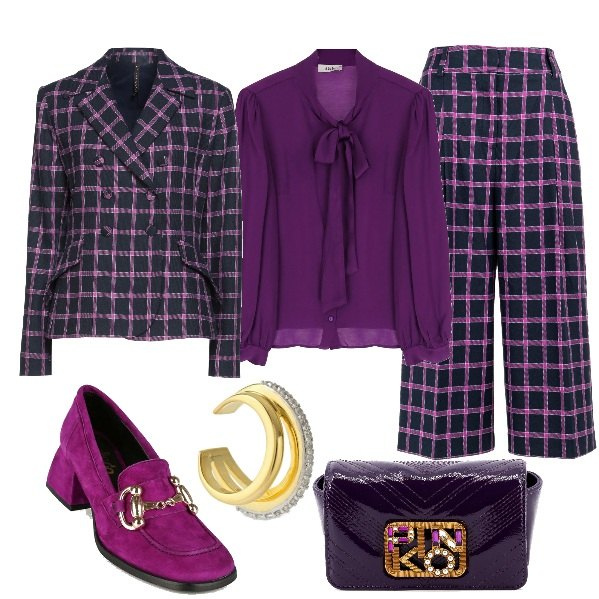 Outfit donna - Completo Check e Mocassino. Stile Chic per Serata fuori. Abbinamento con blazer, mocassini, camicie, pantaloni, borse a tracolla, orecchini.