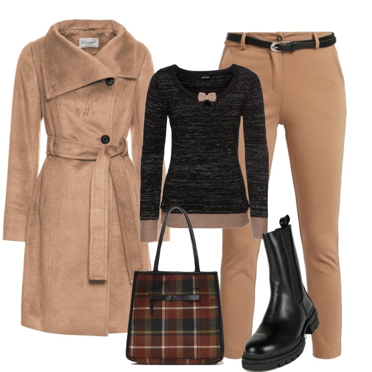 Outfit donna - Ed è subito british. Stile Casual chic per Tutti i giorni. Abbinamento con maglieria, cappotti, pantaloni, stivaletti, shopping bag.