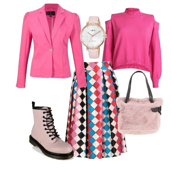 Outfit donna - Ottobre in rosa. Stile Bon Ton per Tutti i giorni. Abbinamento con borse a mano, camicie a manica corta, gonne lunghe, anfibi, pullovers, orologi.