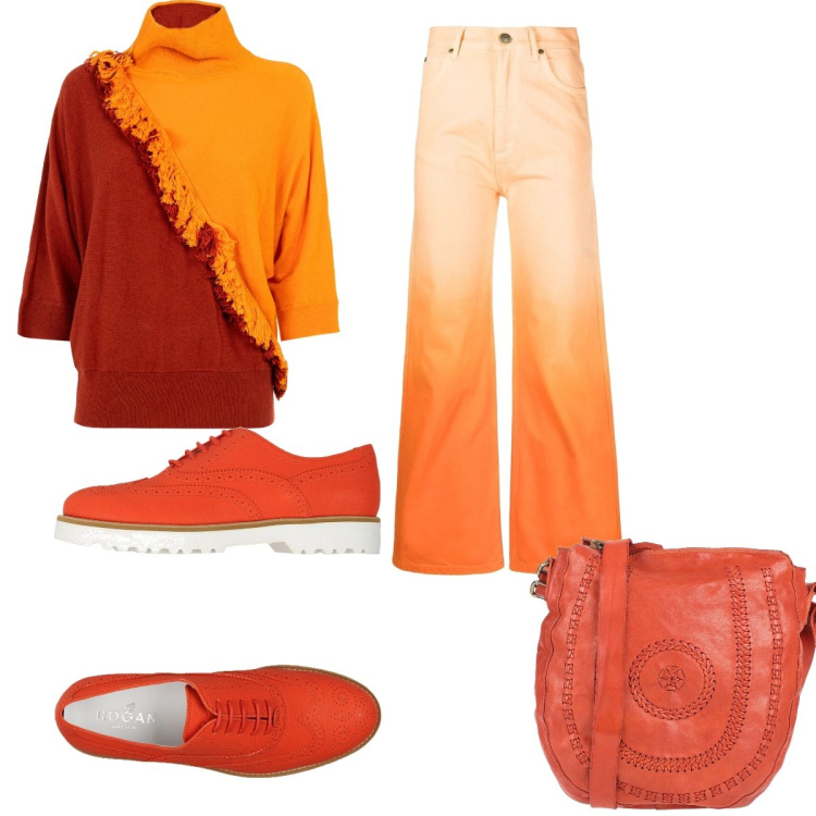 Outfit donna - Sfumature di arancione. Stile Casual per Tutti i giorni. Abbinamento con scarpe stringate, borse a tracolla, maglieria, jeans.