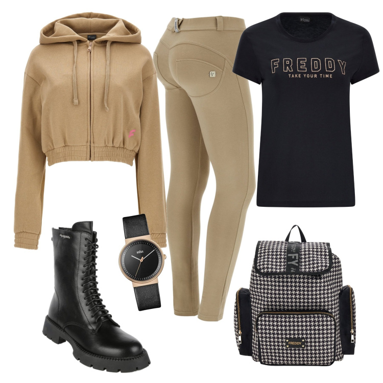 Outfit donna - Comoda con Freddy. Stile Sporty chic per Tutti i giorni. Abbinamento con anfibi, pantaloni skinny, zaini, felpe con cappuccio, t-shirt, orologi analogici.