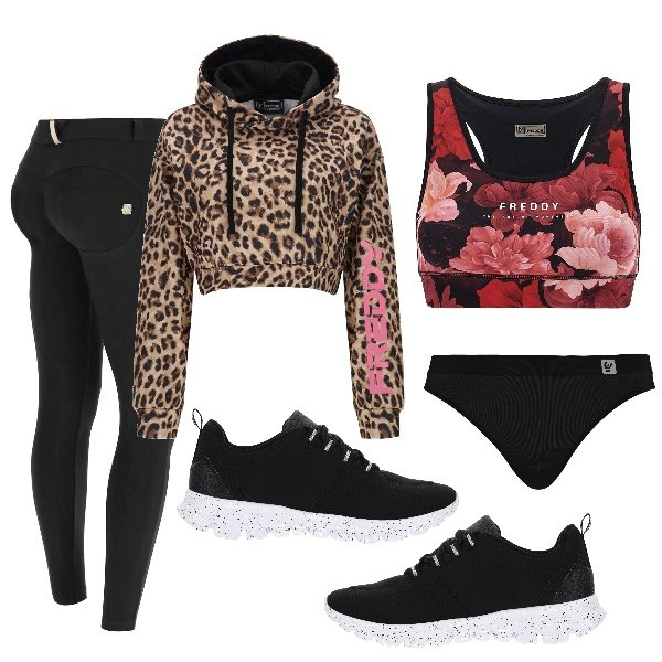 Outfit donna - Total look #1433763. Stile Urban per Sport. Abbinamento con perizomi, felpe con cappuccio, pantaloni skinny, reggiseni, sneakers.