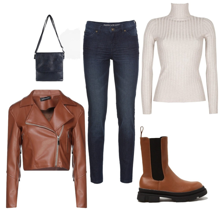 Outfit donna - Total look #1433771. Stile Urban per Tutti i giorni. Abbinamento con jeans skinny, giacche, pullovers, borse a tracolla, stivali.