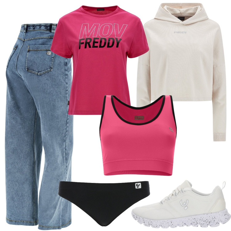 Outfit donna - Freddy style in jeans. Stile Casual per Tutti i giorni. Abbinamento con slip, jeans, felpe con cappuccio, t-shirt, reggiseni, sneakers.