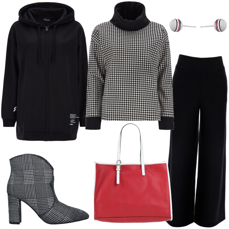 Outfit donna - Total look #1433902. Stile Casual chic per Tutti i giorni. Abbinamento con stivaletti, borse a mano, pantaloni a palazzo, felpe, felpe con cappuccio, orecchini.