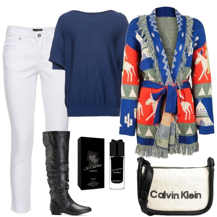 Outfit donna - Total look #1433957. Stile Casual per Scuola/Università. Abbinamento con maglieria, stivali sopra il ginocchio, pantaloni, borse a tracolla, cappotti, profumi.