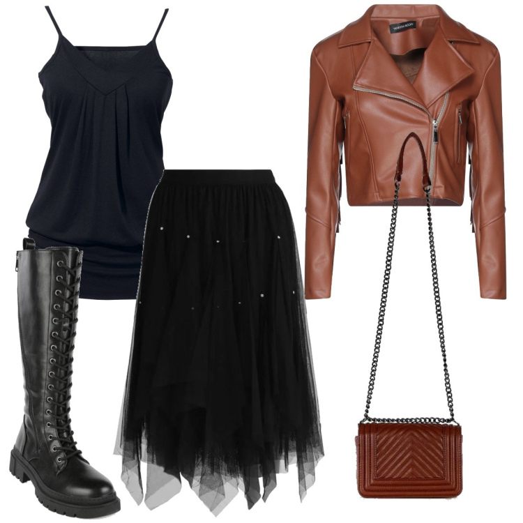 Outfit donna - Gonna con voule e anfibi. Stile Rock per Serata fuori. Abbinamento con top, giacche, gonne lunghe, stivali, borse a tracolla.