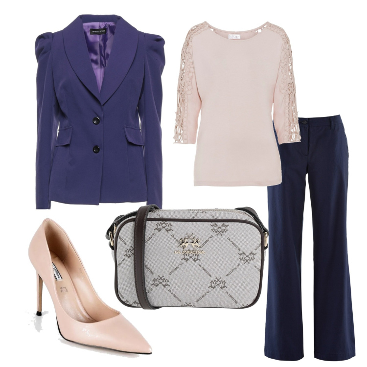 Outfit donna - Inserti in pizzo. Stile Casual chic per Ufficio. Abbinamento con blazer, borse a tracolla, pantaloni, maglieria, décolleté.