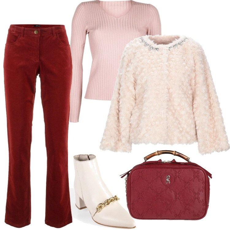 Outfit donna - E rosso fuoco sia. Stile 70s per Tutti i giorni. Abbinamento con pantaloni, cappotti, borse a mano, stivaletti, pullovers.