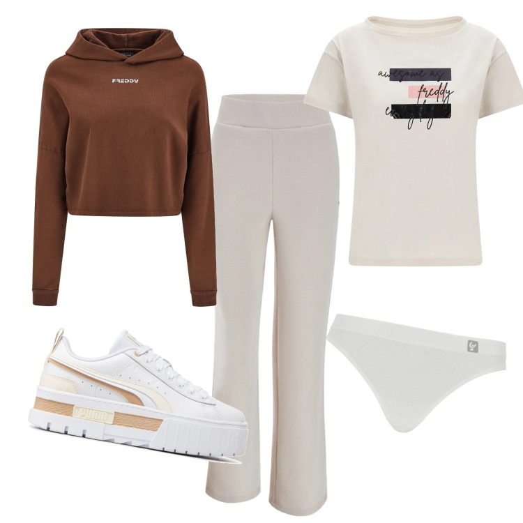 Outfit donna - Freddy wear. Stile Basic per Tutti i giorni. Abbinamento con sneakers, perizomi, pantaloni a palazzo, felpe con cappuccio, t-shirt.